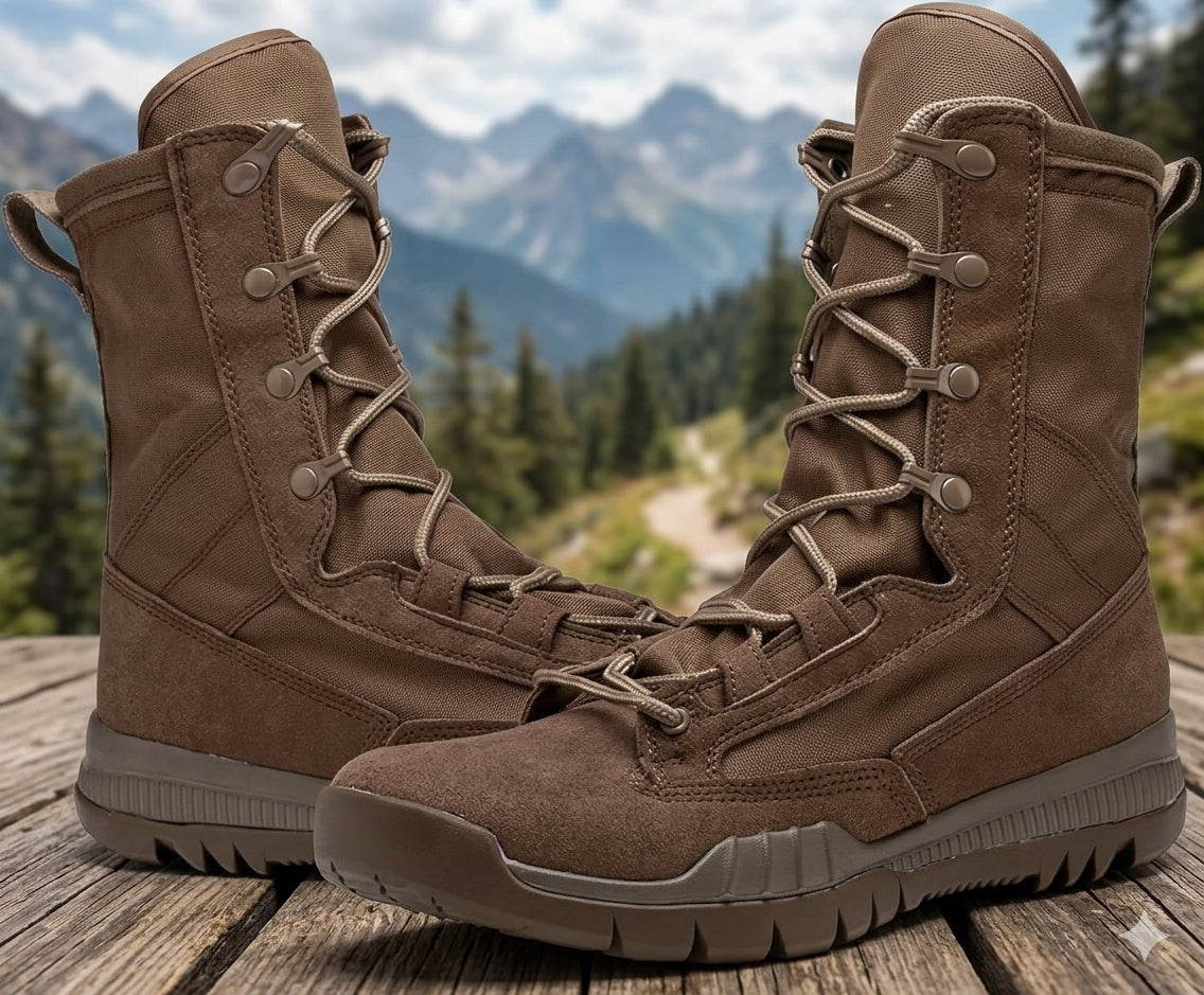 A pair of brown tactical lace-up boots displayed on a wooden surface with a blurred mountain and forest background. big green bear biggreenbear.com