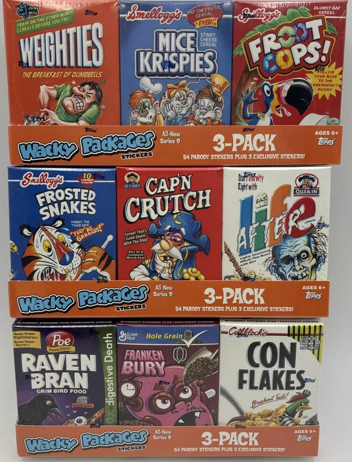 Wacky Packages Stickers Series Nine Cereal Card Box Collection 3 Sets Of 3 Packs