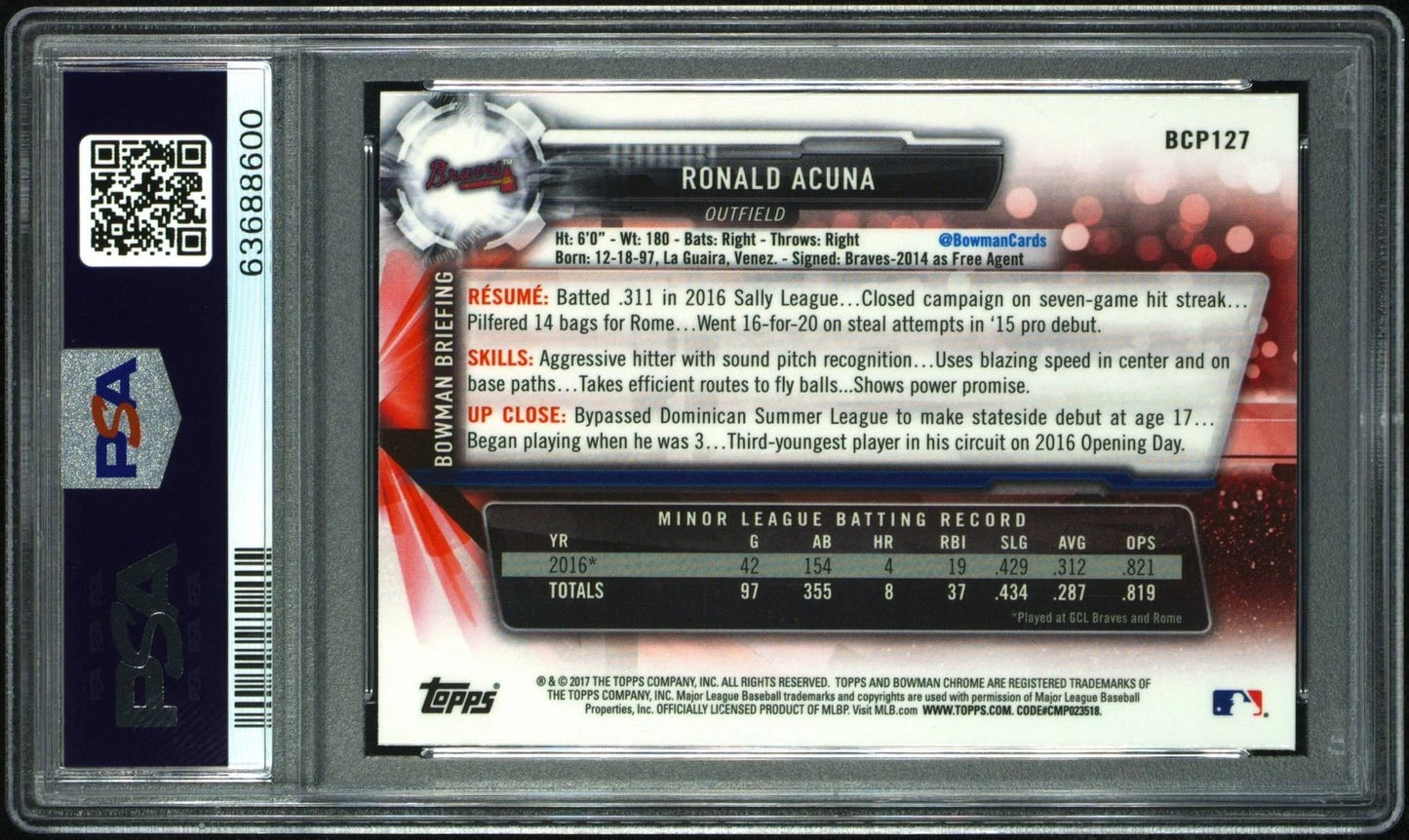 PSA 10 RONALD ACUNA JR. 2017 Bowman Chrome Mega Box Refractor Rookie RC GEM MINT -  BigGreenBear.com Baseball cards 329.00 USD Big Green Bear