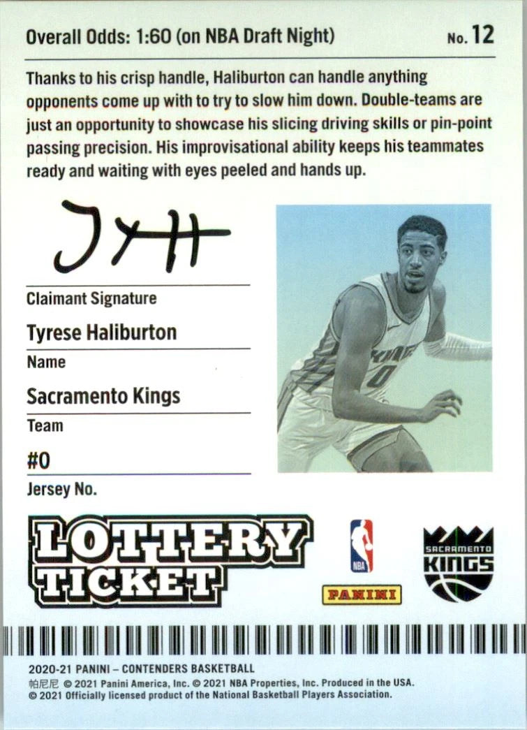 2020-21 Panini Contenders Lottery Ticket #12 Tyrese Haliburton -  BigGreenBear.com Basketball cards 12.99