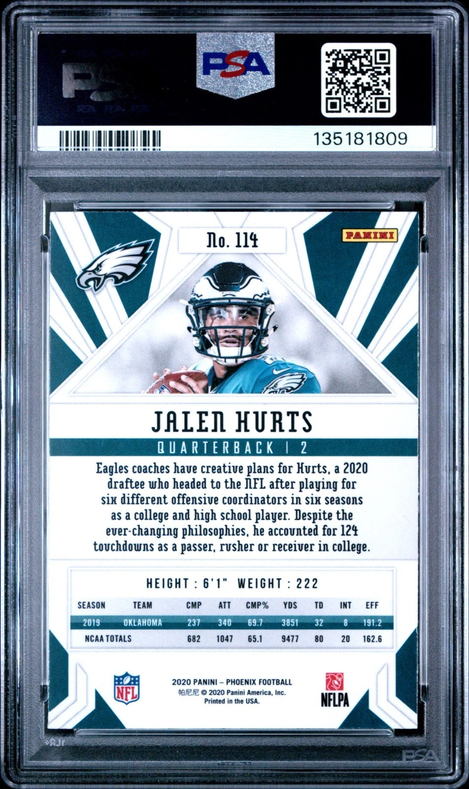2020 Phoenix JALEN HURTS Fire Burst #114 PSA 10 GEM MINT RC Rookie Card Eagles Biggreenbear.com