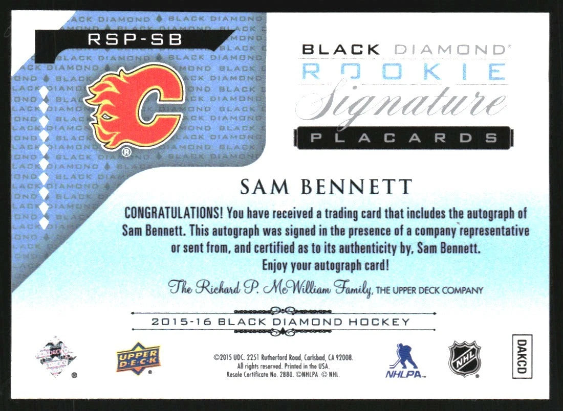 2015-16 Black Diamond Rookie Signature Placards #RSPSB Sam Bennett Autograph/249 -  BigGreenBear.com hockey card 42.00 USD Big Green Bear