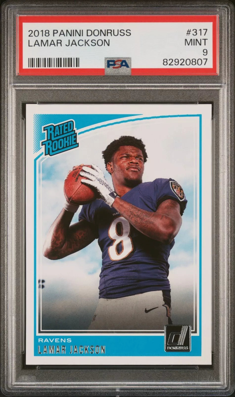 Lamar Jackson-Ravens-2018 Panini Donruss Rated Rookie Card #317 RC PSA 9 Mint