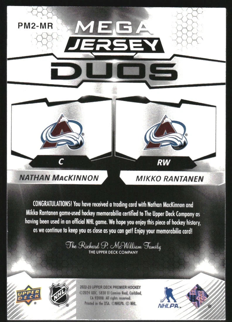 2022-23 UD Premier Premier Mega Jersey Duos #PM2MR Nathan MacKinnon Rantanen /49 -  BigGreenBear.com hockey card 34.50 USD Big Green Bear