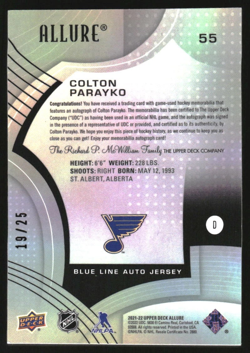 2021-22 Upper Deck Allure Jersey Autographs Blue Line #55 Colton Parayko/25 -  BigGreenBear.com hockey card 29.50 USD Big Green Bear