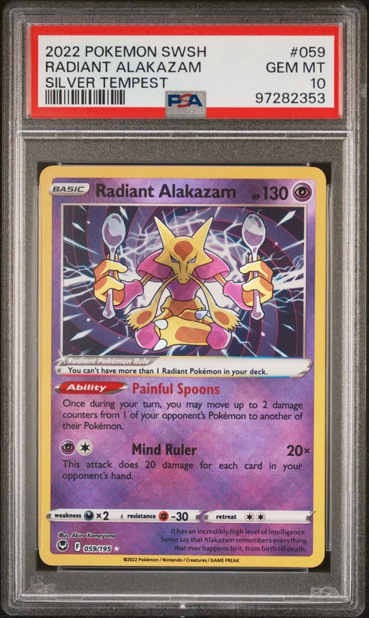 PSA 10 GEM MINT Radiant Alakazam 059/195 Silver Tempest Pokemon Card