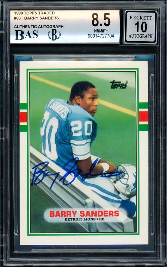 BARRY SANDERS AUTOGRAPHED 1989 TOPPS RC BGS 8.5 GEM 10 AUTO BECKETT