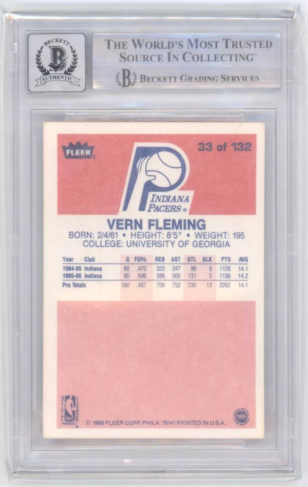 VERN FLEMING PACERS SIGNED 1986/87 FLEER #33 BAS BGS AUTOGRAPH 10 AUTO