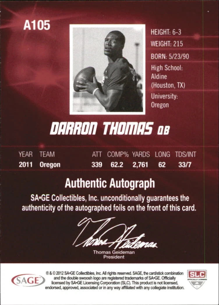 2012 SAGE HIT Autographs #A105 Darron Thomas -  BigGreenBear.com Football card 2.99 USD