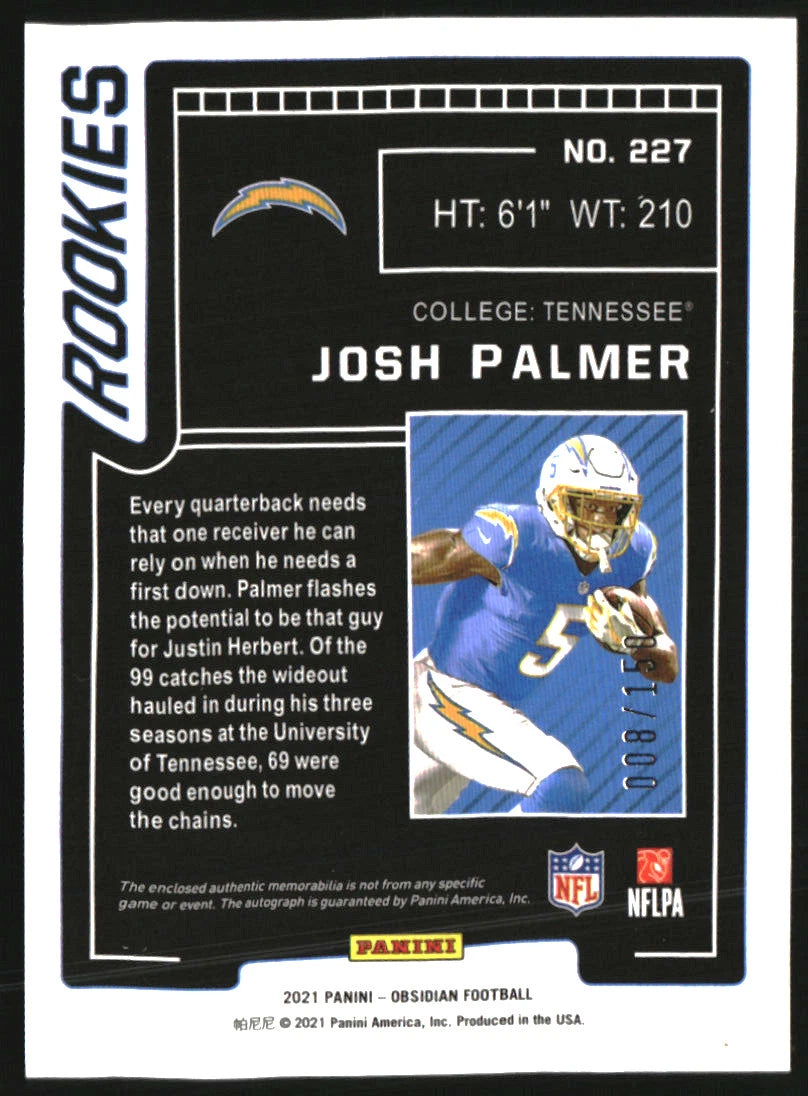 2021 Panini Obsidian #227 Josh Palmer Autograph Jersey /150 -  BigGreenBear.com Football card 33.29 USD Big Green Bear
