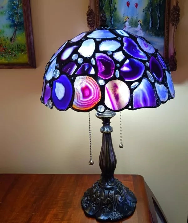 Tiffany Style Table Lamp Purple Stained Glass Agate Vintage Bedside Light