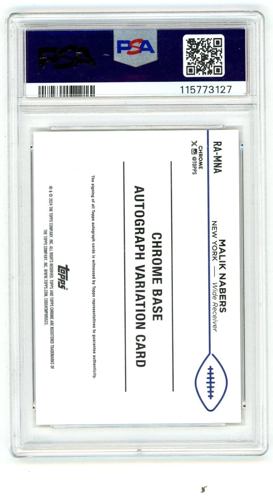 2024 Topps Chrome MALIK NABERS #RA-MNA Rookie Auto Yellow Geometric /75 PSA 9 -  BigGreenBear.com Football card 189.00 USD Big Green Bear