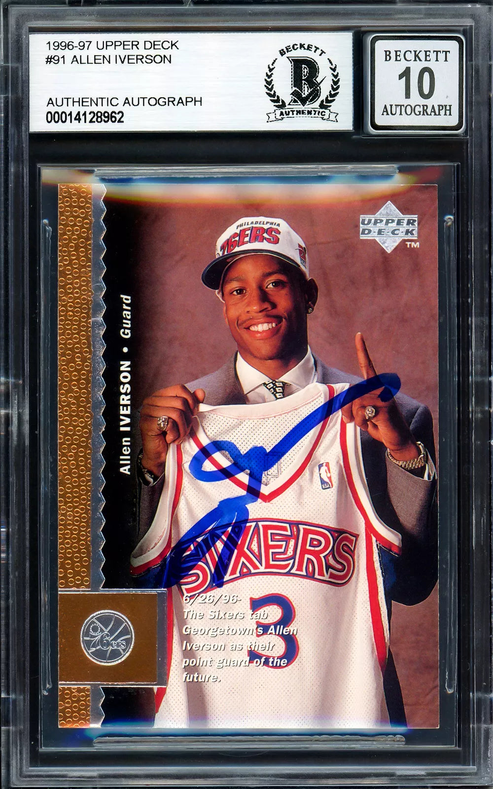 ALLEN IVERSON AUTOGRAPHED 1996-97 UPPER DECK RC 76ERS GEM 10 AUTO BECKETT