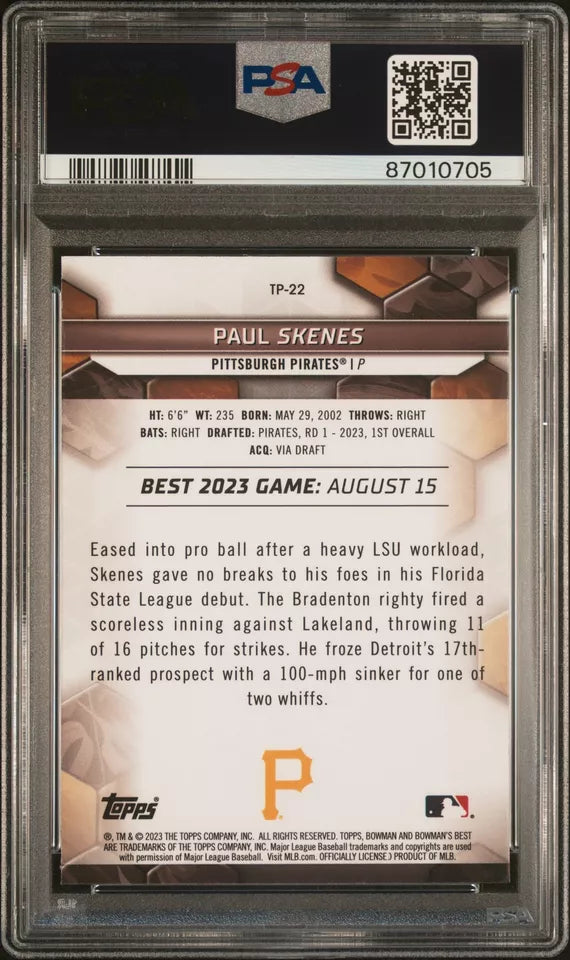 PSA 10 PAUL SKENES 2023 Bowman's Best Prospects PIRATES Rookie Card RC