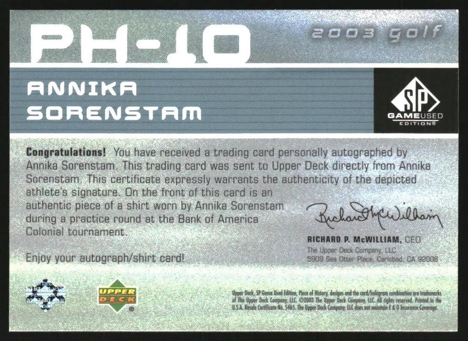 2003 SP Game -Piece of History Autograph Annika Sorenstam Auto /50