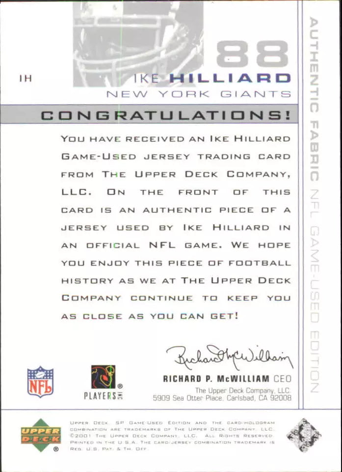 2001 SP Game Used Edition Authentic Fabric Football Card #IH Ike Hilliard Jsy