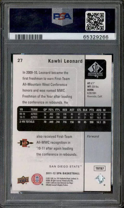 2011 SP Authentic #27 Kawhi Leonard PSA 9