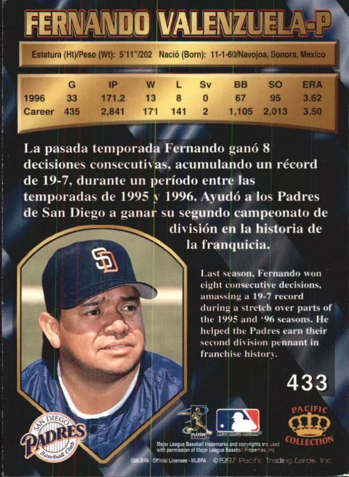 1997 Pacific San Diego Padres Baseball Card #433 Fernando Valenzuela