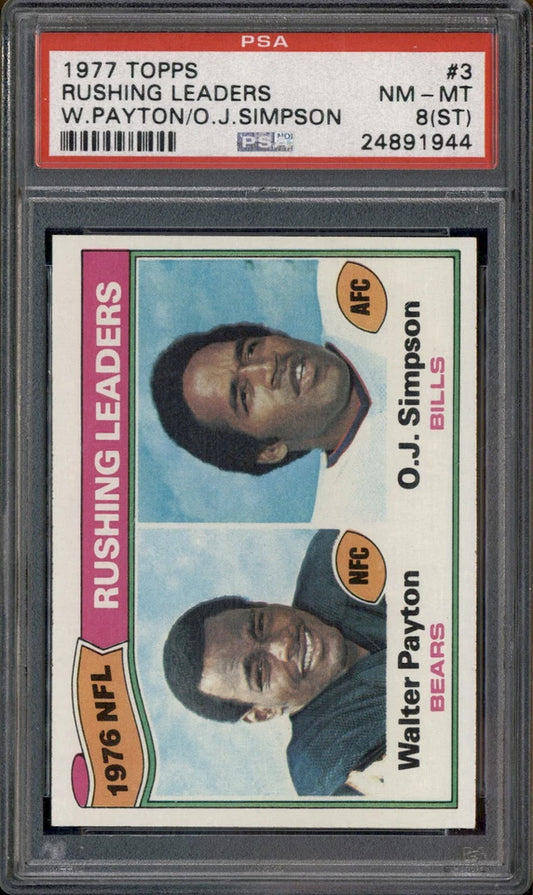 1977 Topps #3 Rushing Leaders Walter Payton OJ Simpson PSA 8