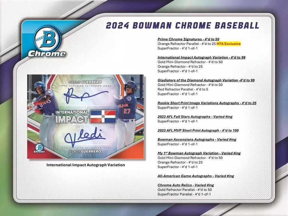 2024 BOWMAN CHROME BASEBALL HOBBY HTA BOX - 3 AUTOS/BOX