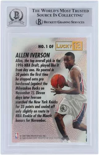 Allen Iverson 76ers Autographed 1996-97 Fleer Lucky 13 #1 Beckett 10 Rookie Card