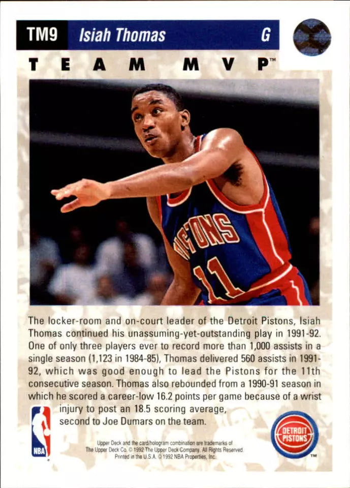 1992-93 Upper Deck Team MVPs Detroit Pistons Basketball Card #TM9 Isiah Thomas