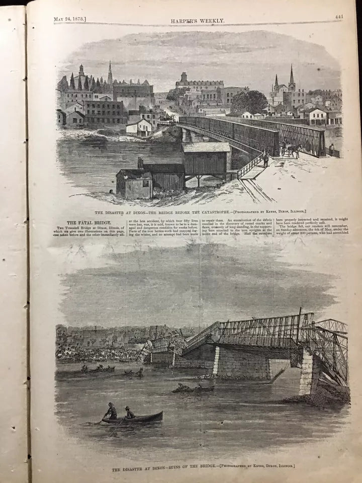 1873 Harper's Weekly Journal of Civilization-Dixon IL Worst USA Bridge Disaster