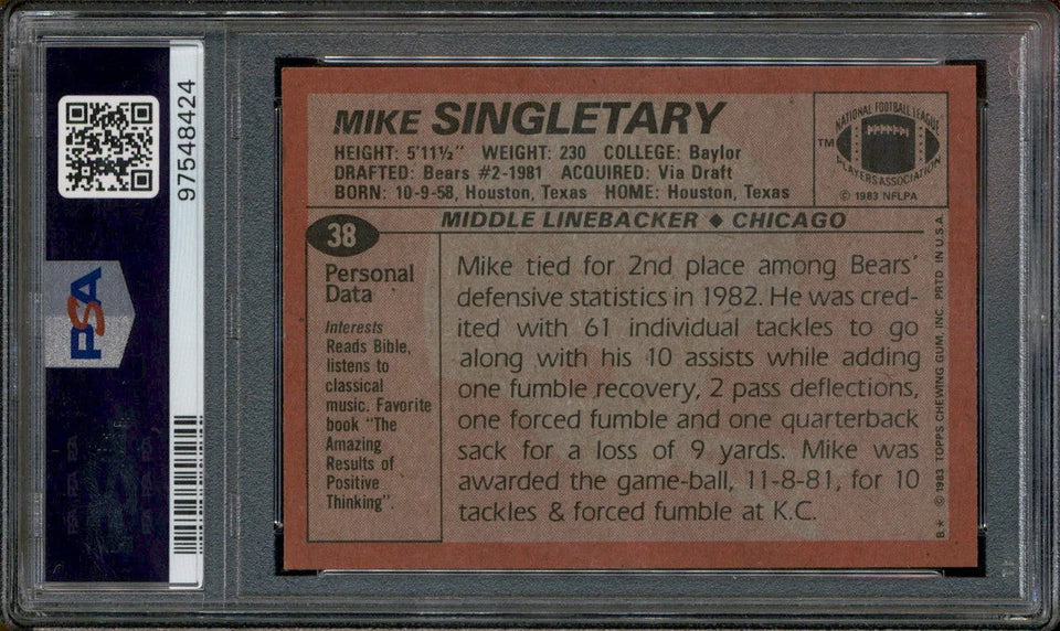 1983 Topps #38 Mike Singletary PSA 8