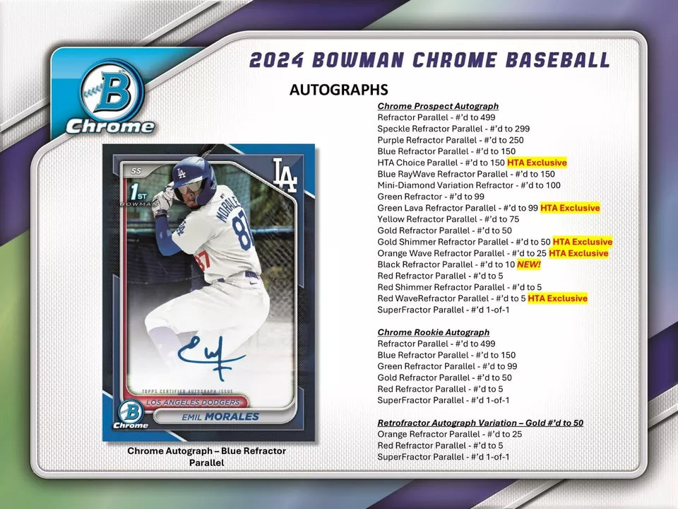 2024 BOWMAN CHROME BASEBALL HOBBY HTA BOX - 3 AUTOS/BOX