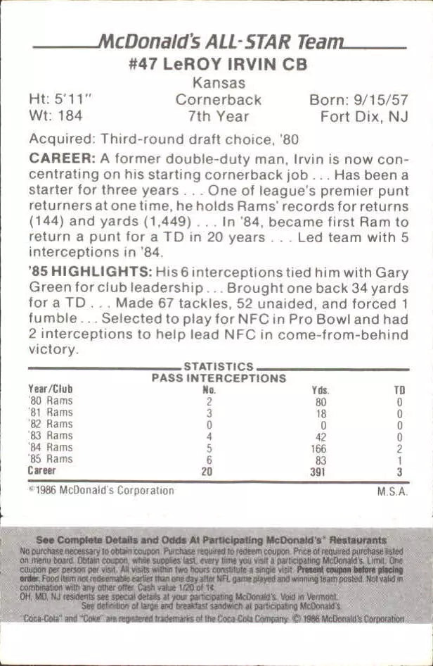 1986 McDonald's All-Stars Black Tab Oversized Card -  BigGreenBear.com Football card 0.65 USD Big Green Bear