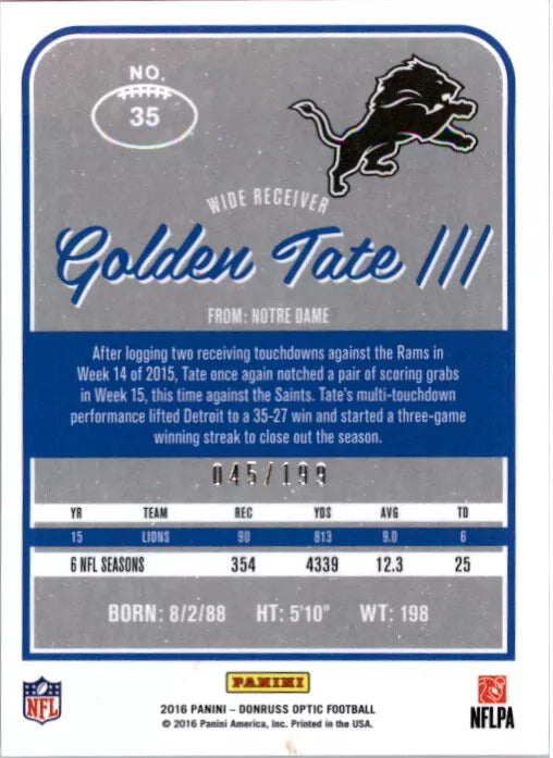 2016 Donruss Optic Orange Detroit Lions Football Card #35 Golden Tate III /199