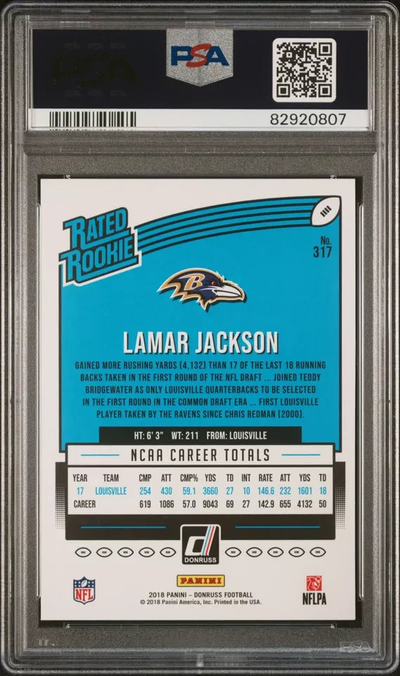 Lamar Jackson-Ravens-2018 Panini Donruss Rated Rookie Card #317 RC PSA 9 Mint