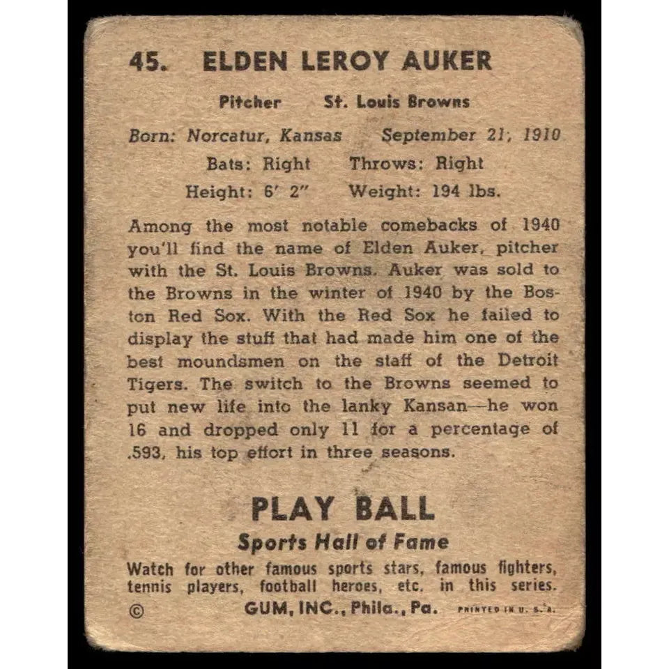 1941 Play Ball #45 Elden Auker St. Louis Browns VG-VGEX Vintage Pre-War!