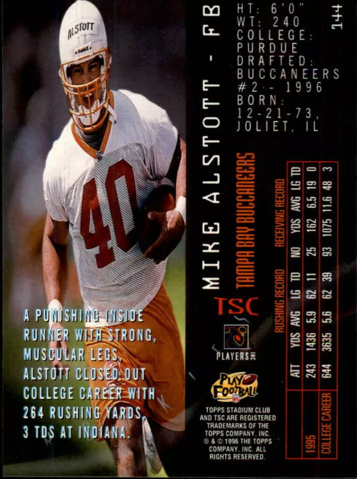 1996 Stadium Club Football Card #144 Mike Alstott SP Rookie